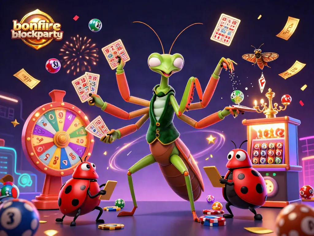 Experience the excitement of bonfireblockparty gaming with colorful elements and vibrant characters amidst a rich casino atmosphere.