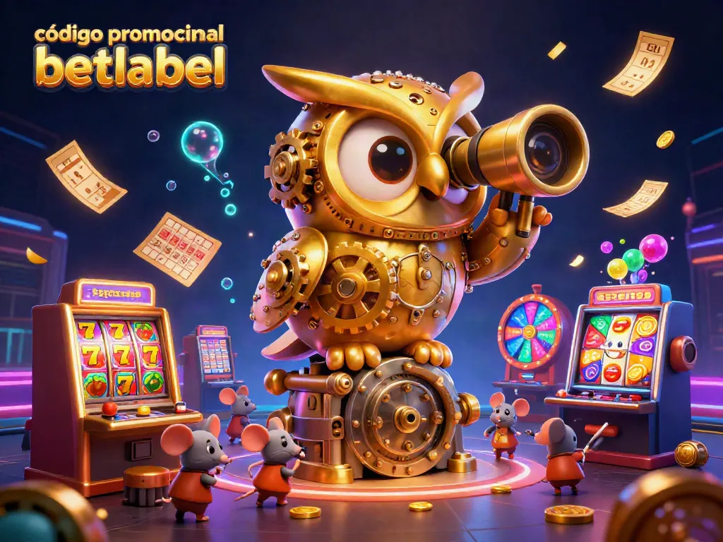 Engage with the exciting código promocional betlabel scene featuring a golden owl, animated slot machines, and vibrant lottery elements.