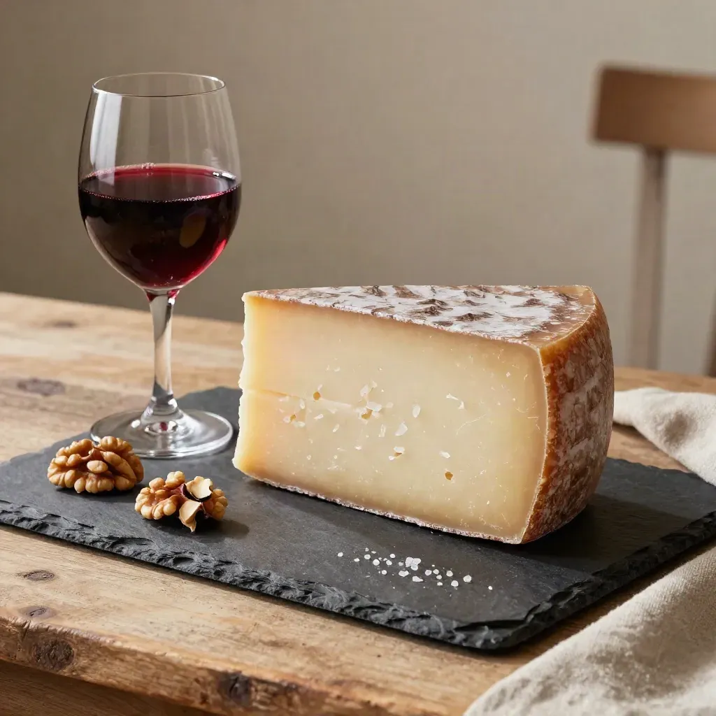 Queso manchego y copa de tinto con nueces sobre pizarra y mesa rústica.