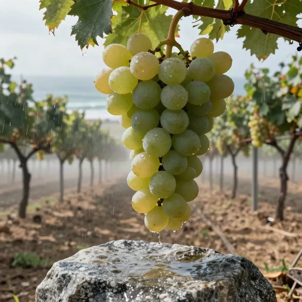 Racimos de Albariño bajo parras, granito mojado y mar al fondo con lluvia fina.