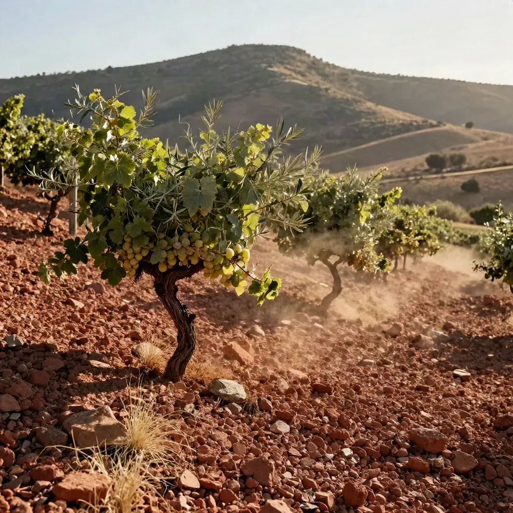 Viñas de garnacha en vaso con viento seco y suelo rojizo en una ladera del Ebro