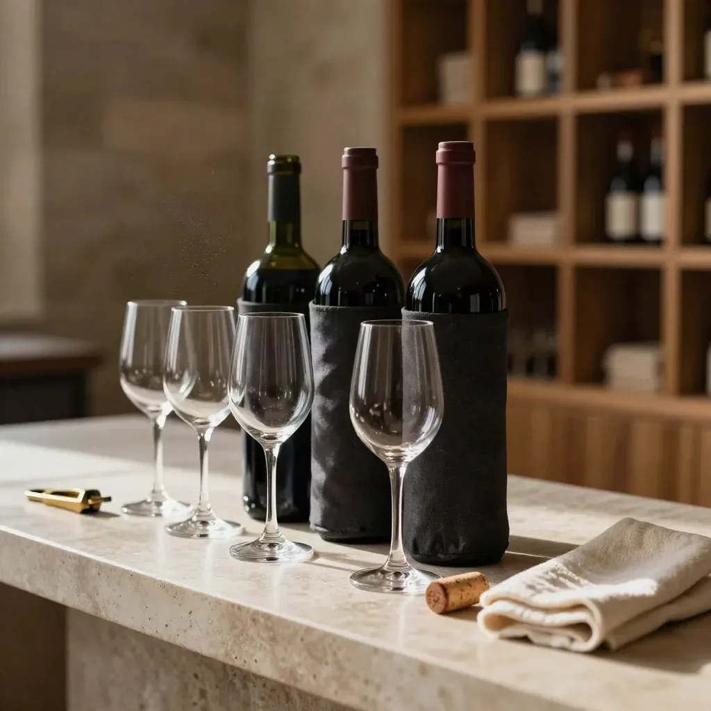 Tres botellas cubiertas y cuatro copas en una mesa de cata para vino a ciegas.