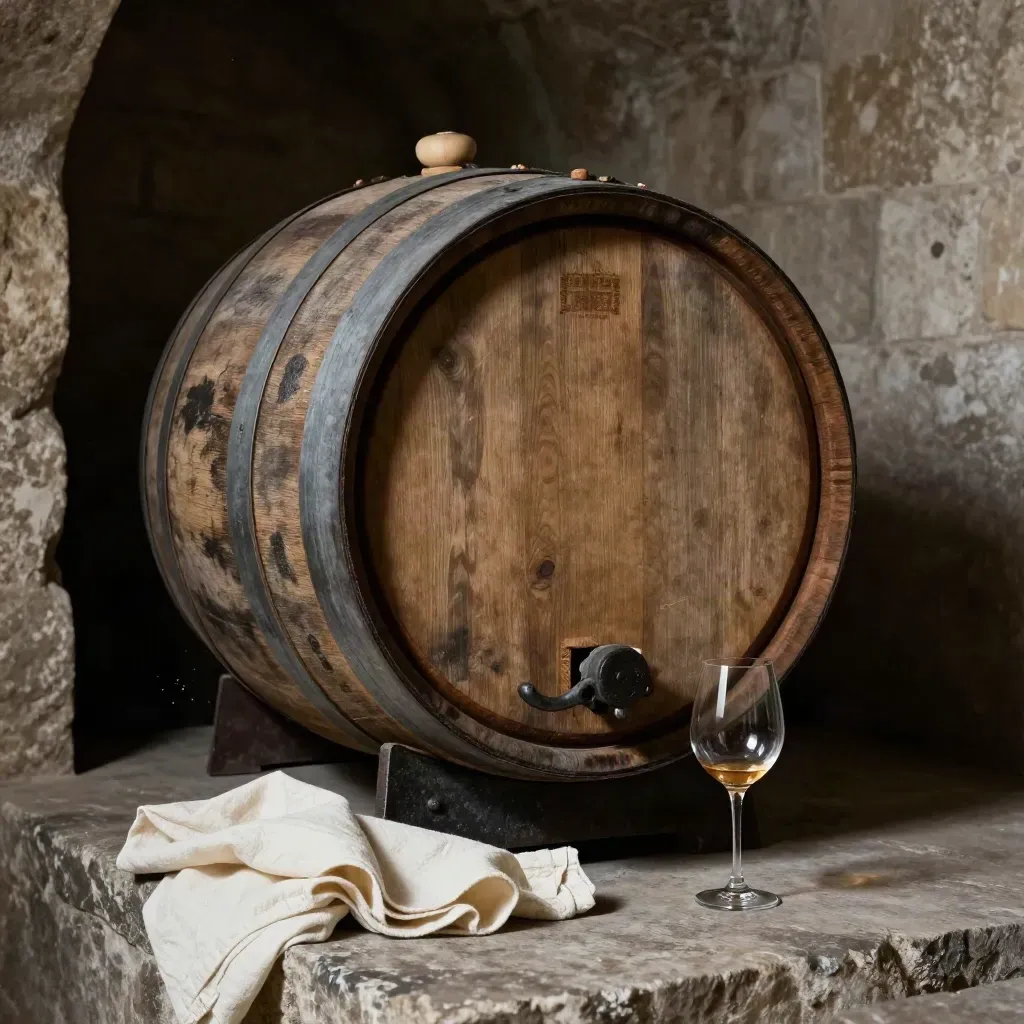 Barrica de roble en bodega con aro de hierro, copa vacía y lino crema sobre piedra.